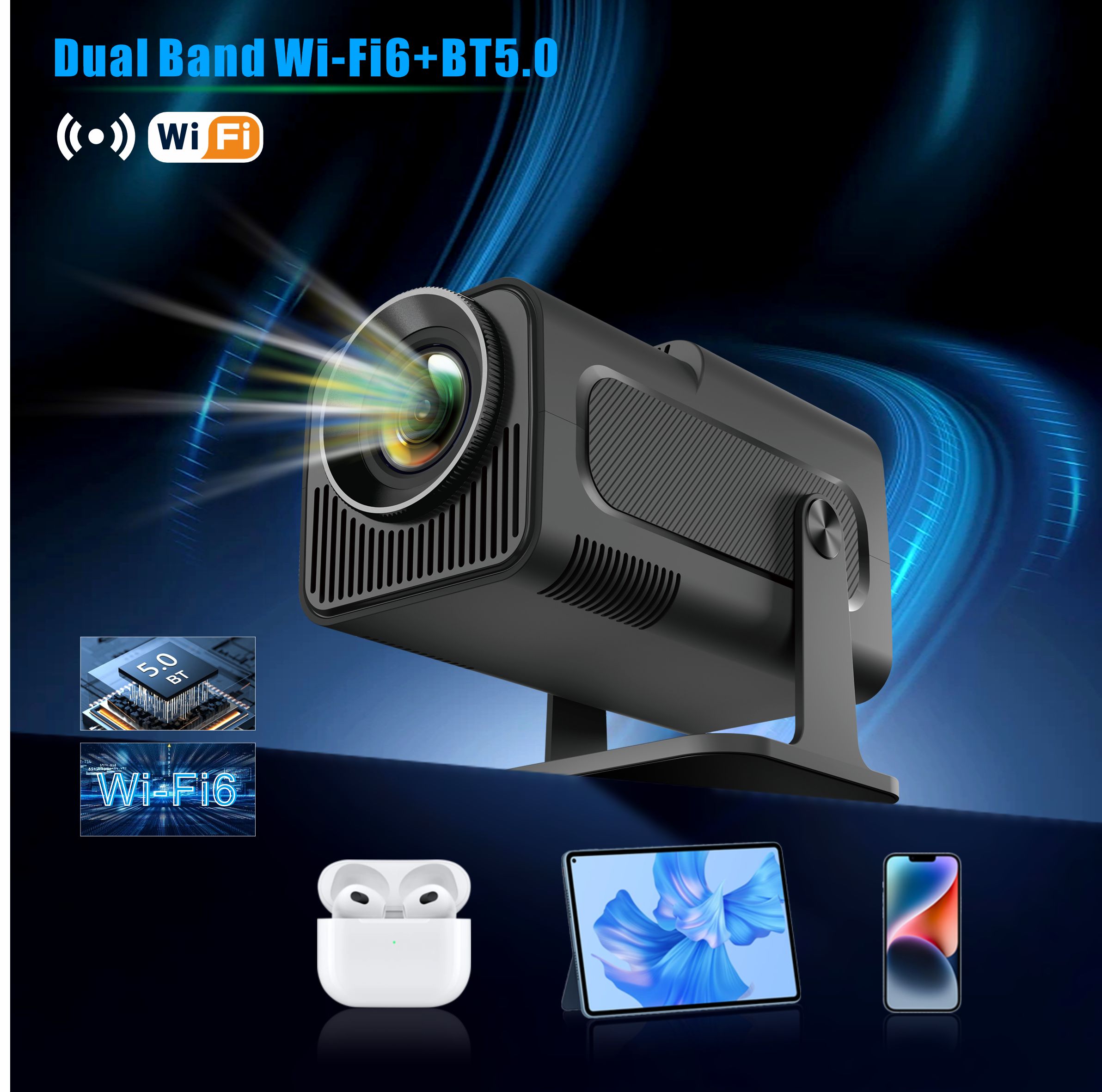 4K Smart Projector Android 11 Wifi 6 - ホームシアターミニ-スマートプロジェクター,Android 11,デュアルWi-Fi 6, 200 ansi,allwinner h713,bt5.0,1080p,1980x1080p,hy320,4k