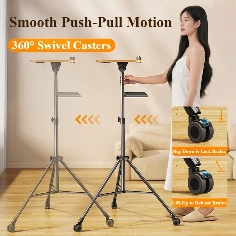 木製ノートパソコン三脚、ホイール付きプロジェクターホルダー、 - Projector Floor Stand Tripod Adjustable のレビューと価格