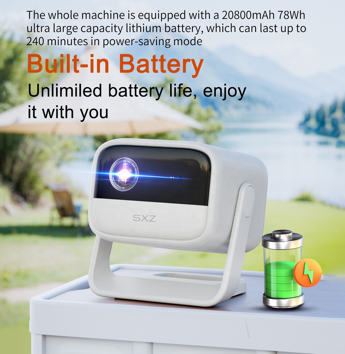 屋外対応内蔵バッテリー20800mAh充電式DLPミニ4K  - Mini Portable Projector Rechargeable Battery のレビューと価格
